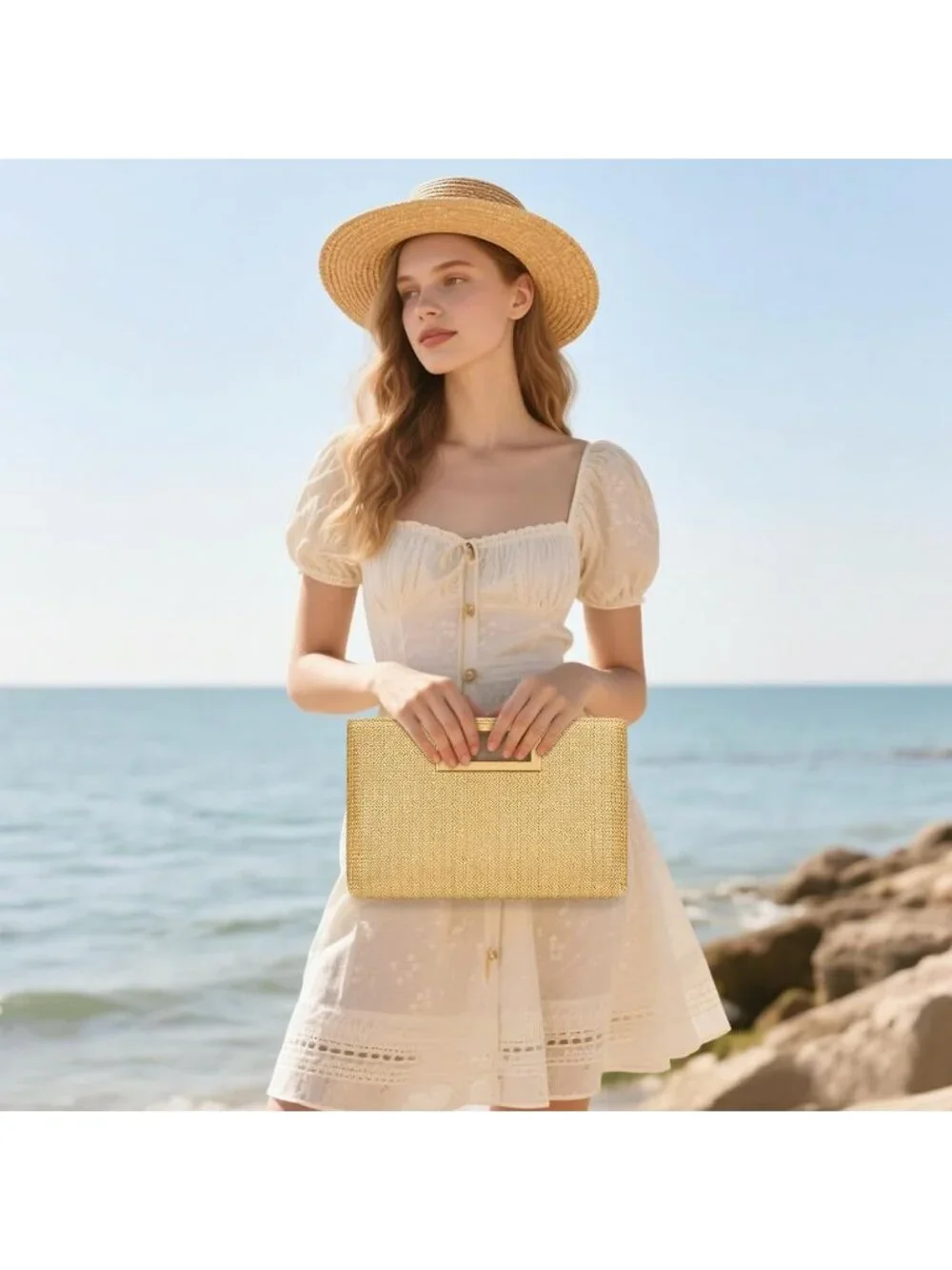 Women's Khaki Clutch Purse Gold Chain Strap Handle Handbag Wedding Evening Bag